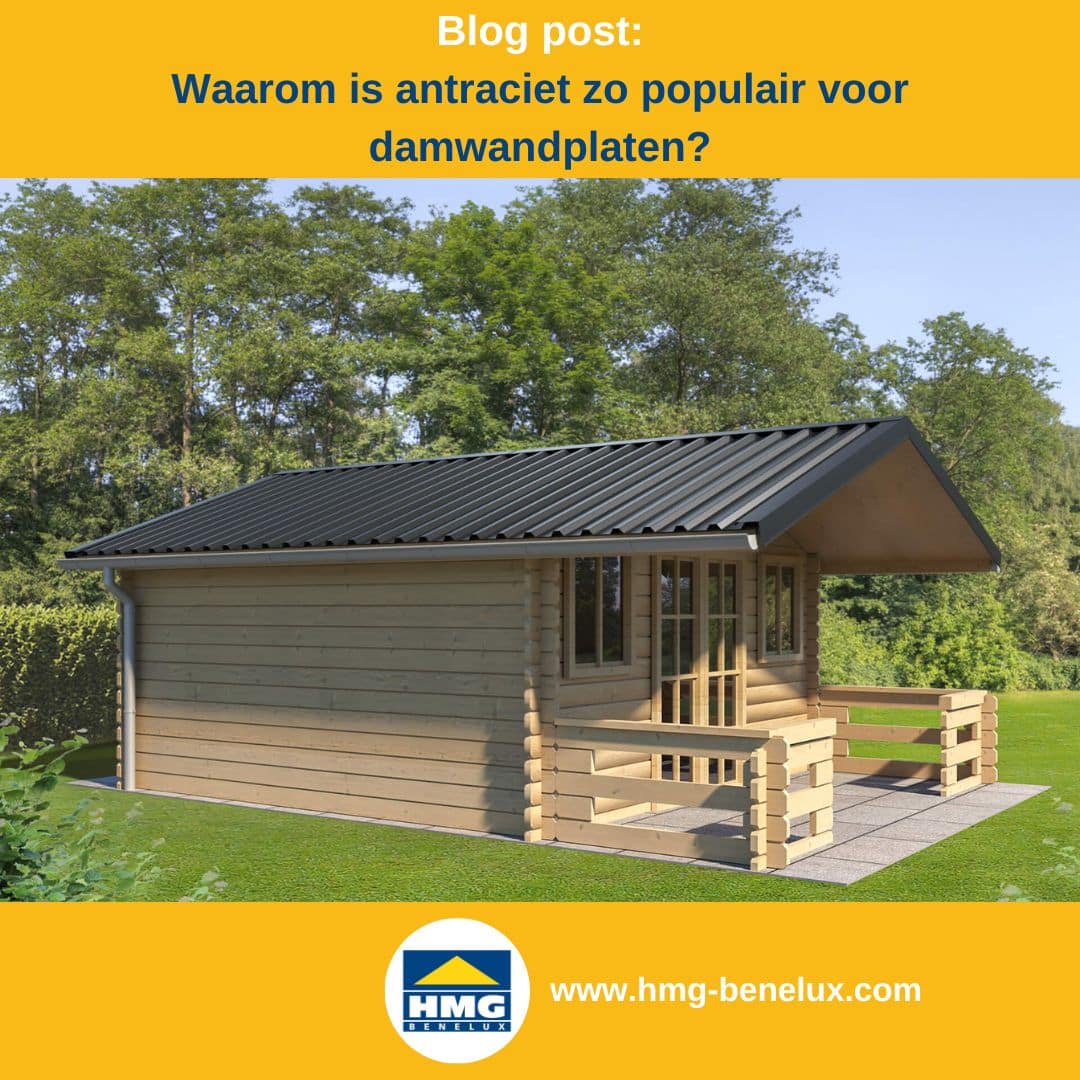 Titelafbeelding van een blogbericht met als onderwerp ‘Antraciet bij damwandplaten’ – afgebeeld is een tuinhuis met damwandplaten in antraciet, met daarnaast het logo en het webadres van HMG Benelux shop.de.