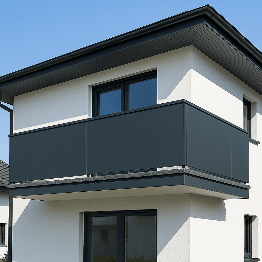 Modern balkon met HPL-platen in RAL 7016 als balustrade aan een witte eengezinswoning, bij blauwe lucht.