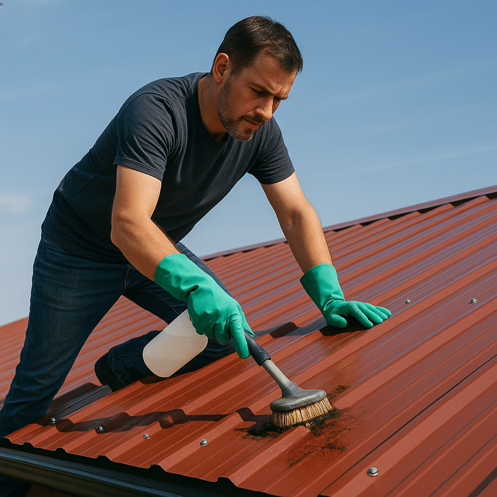 Een man reinigt een rood trapeziumvormig metalen dak met een borstel en een spuitfles, draagt groene handschoenen, blauwe lucht op de achtergrond.