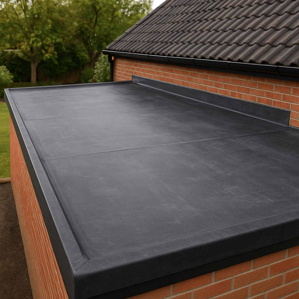 Plat dak van een bijgebouw met netjes gelegde EPDM-dakfolie in donkergrijs, rondom randafwerking, grenzend aan een pannendak en rode baksteengevel.