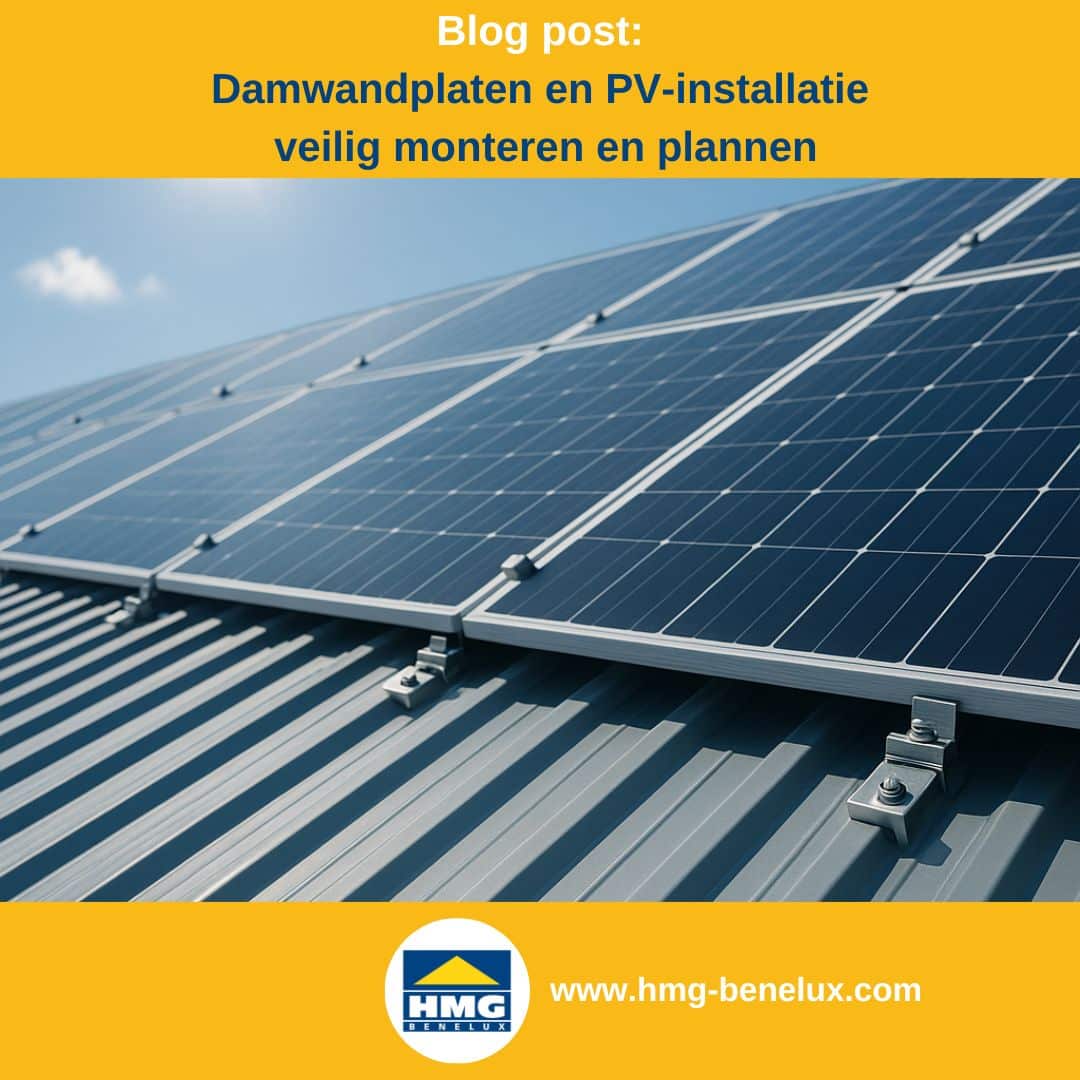 Titelafbeelding van een blogbericht met als onderwerp ‘damwandplaten en PV-installaties’ – te zien is een trapeziumplaatdak met gemonteerde PV-installatie, plus het logo en het webadres van HMG Benelux shop.
