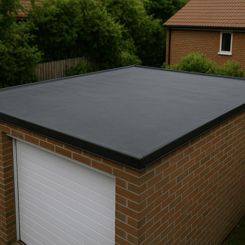 Garage met plat dak, bedekt met zwarte EPDM folie.