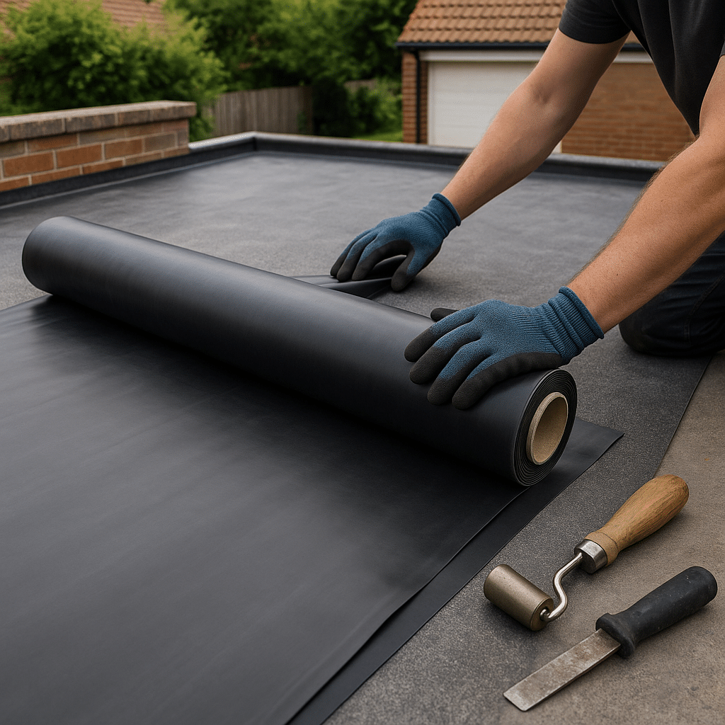 EPDM-folie wordt met de hand uitgerold op een garagedak, gereedschap ligt ernaast.