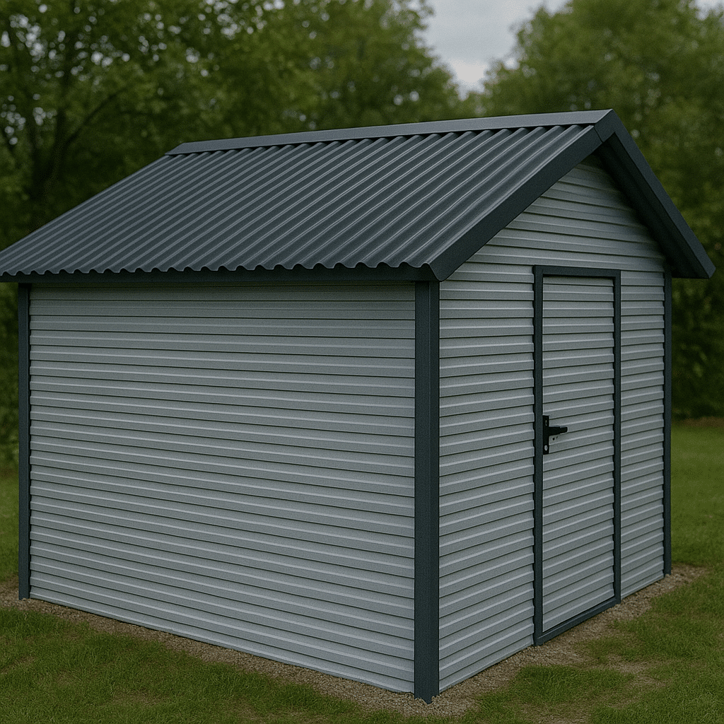 De afbeelding toont een tuinhuisje met een antracietgrijs golfplaten dak en lichtgrijze wanden van horizontaal verlopend trapeziumplaatstaal.