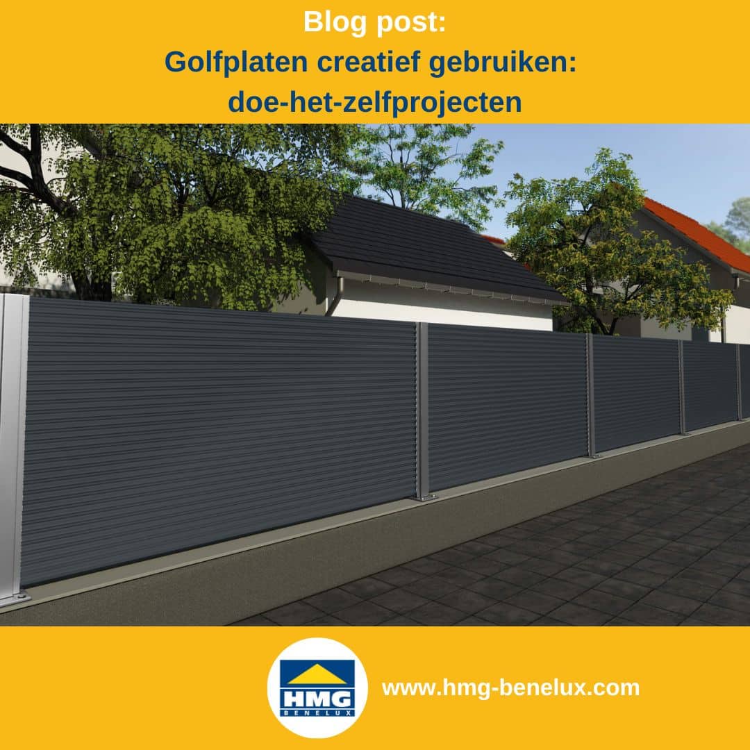 Titelafbeelding van een blogbericht met als thema ‘Golfplaten DIY’ – te zien is een zichtscherm van golfplaten, met daarnaast het logo en het webadres van HMG Benelux shop.