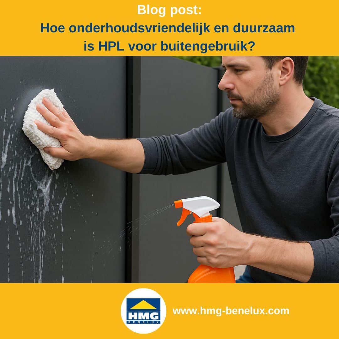Titelafbeelding van een blogbericht met als thema ‘HPL in buitenruimtes’ – te zien is een man die zijn HPL-platen reinigt, met daarnaast het logo en het webadres van HMG Benelux shop.