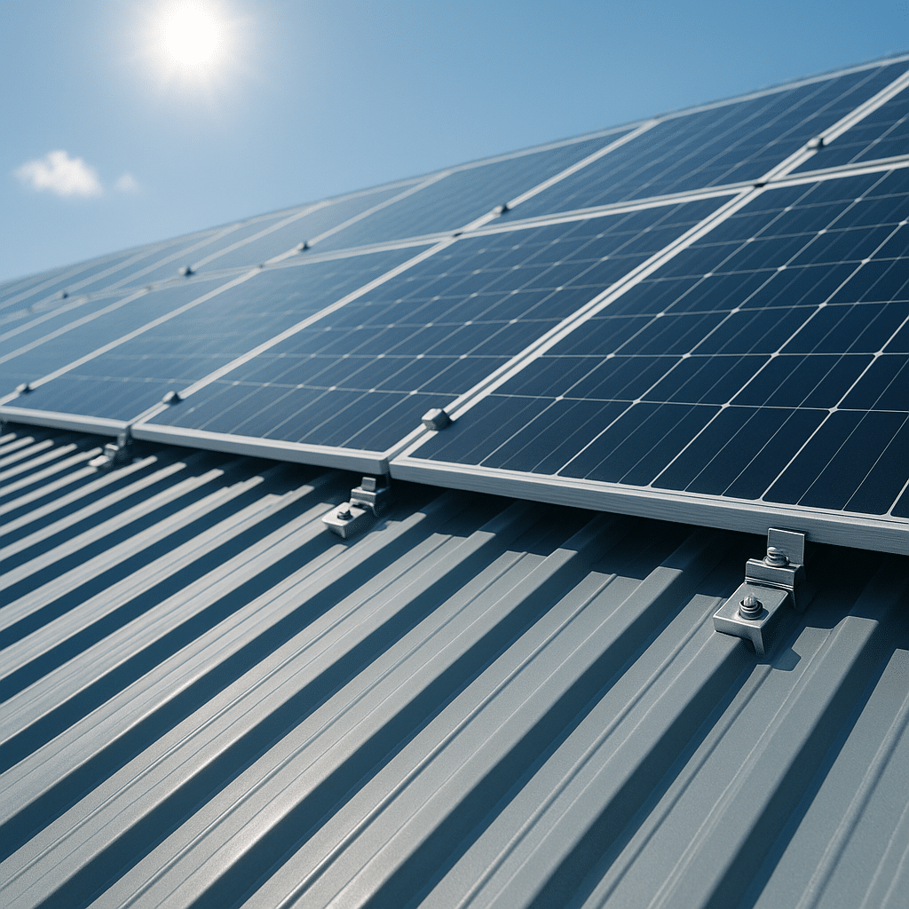 Zonne-installatie op trapeziumvormig dak met zichtbare bevestigingspunten bij zonnig weer