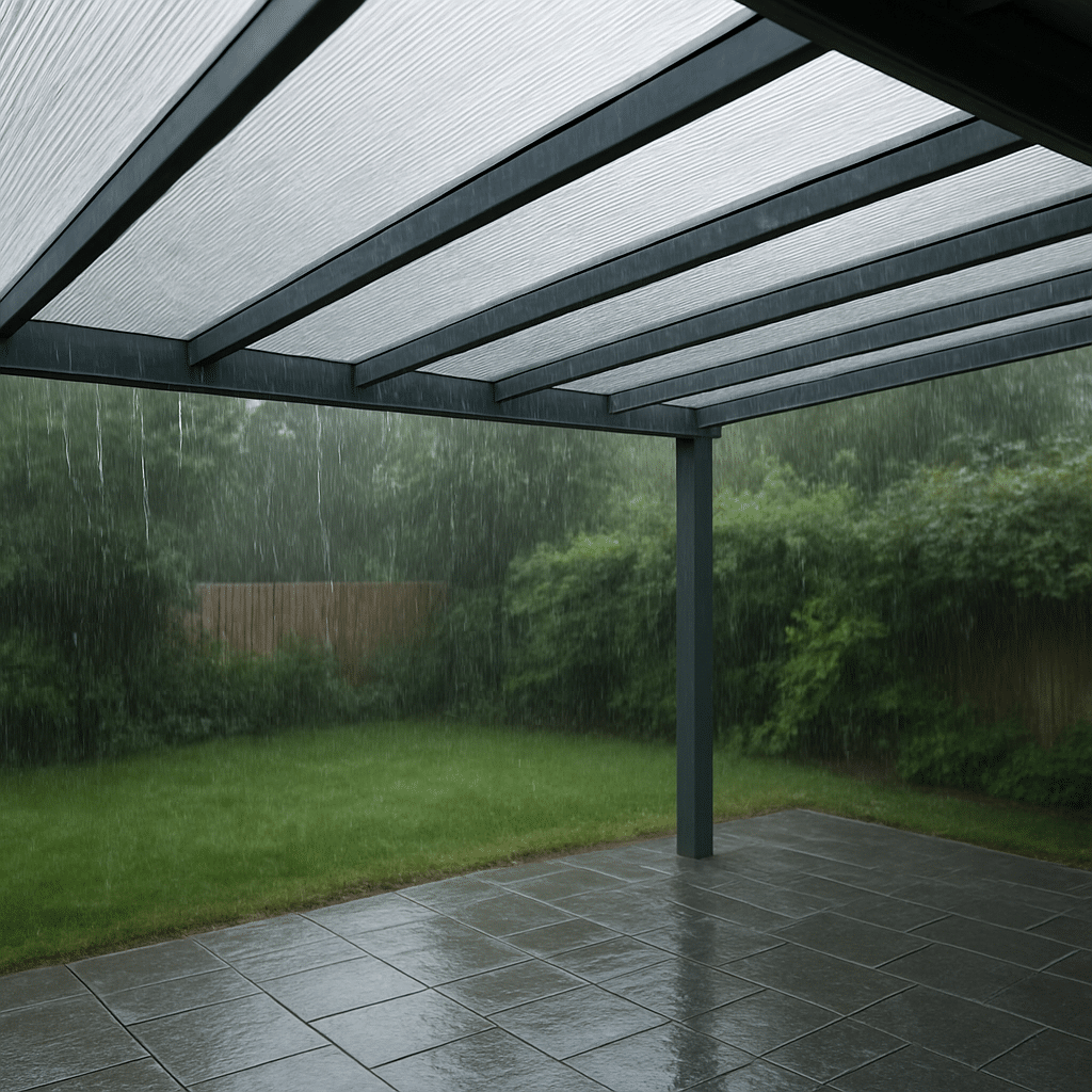 Regen klettert op het dak van een terras met meervoudige kanaalplaten, gedempte akoestiek zichtbaar door structuur