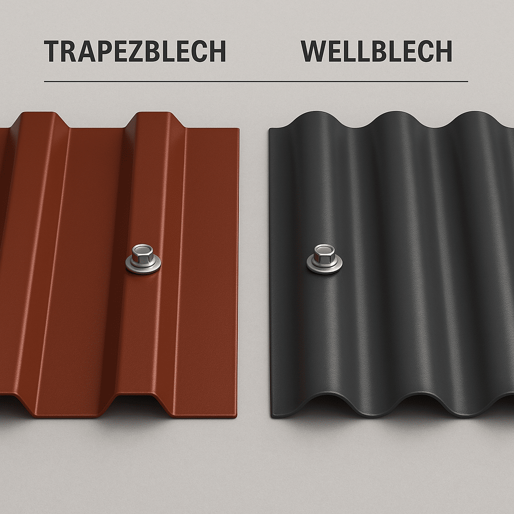 De afbeelding toont twee metalen platen in directe vergelijking: links een roodbruin gecoate, licht glanzende trapeziumplaat met rechte ribbels, rechts een antracietkleurig gecoate golfplaat met ronde golvingen. Beide platen zijn met zilveren schroeven en afdichtingsringen op een neutraal oppervlak bevestigd.