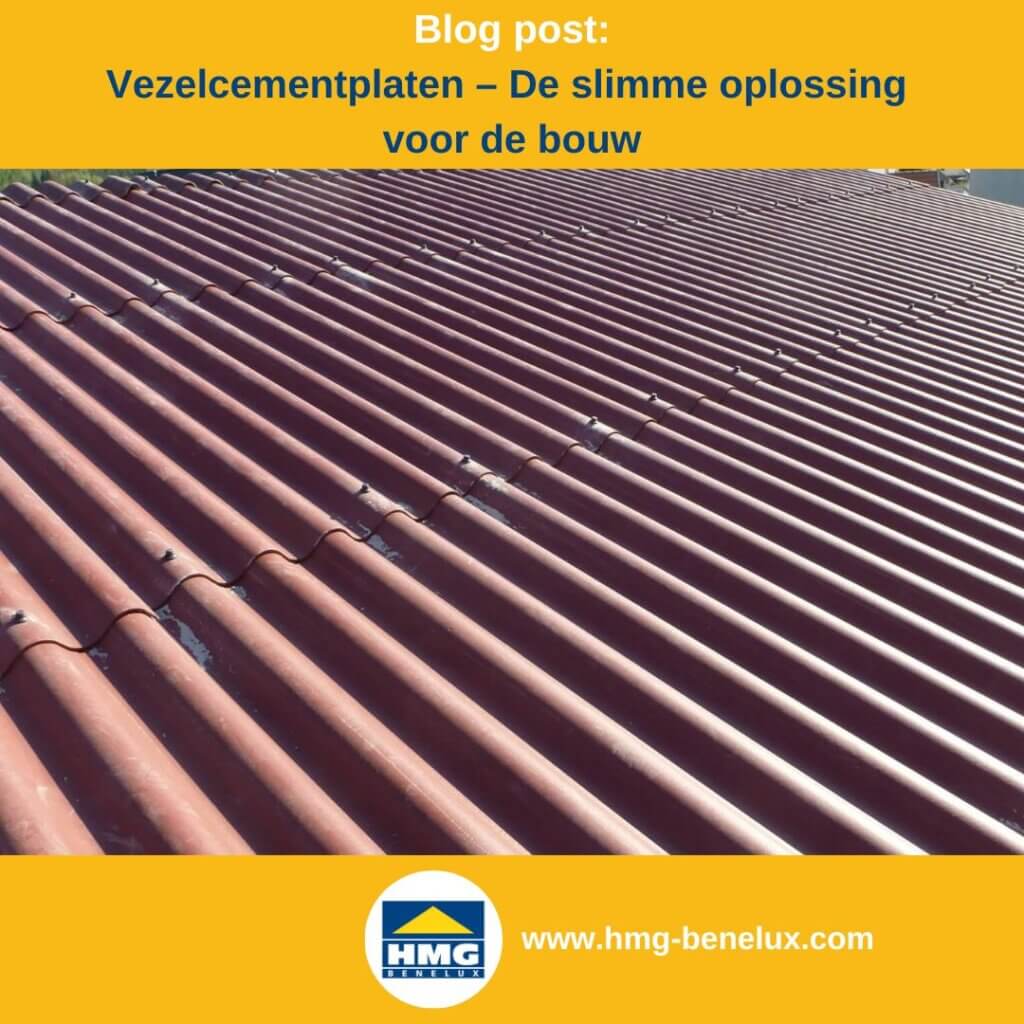 Titelafbeelding van een blogbericht met als onderwerp ‘Vezelcement - de slimme oplossing voor de bouw’ – te zien is een roodbruine dakbedekking van vezelcement, met daarnaast het logo en het webadres van hmg-benelux.com.