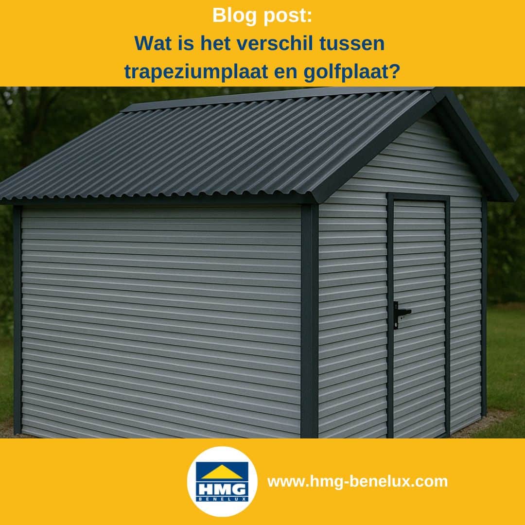 Titelafbeelding van een blogbericht met als onderwerp ‘Profielplaten - verschillen’ – afgebeeld is een tuinhuis met een golfplaten dak en damwandplaten, met daarnaast het logo en het webadres van HMG Benelux shop.