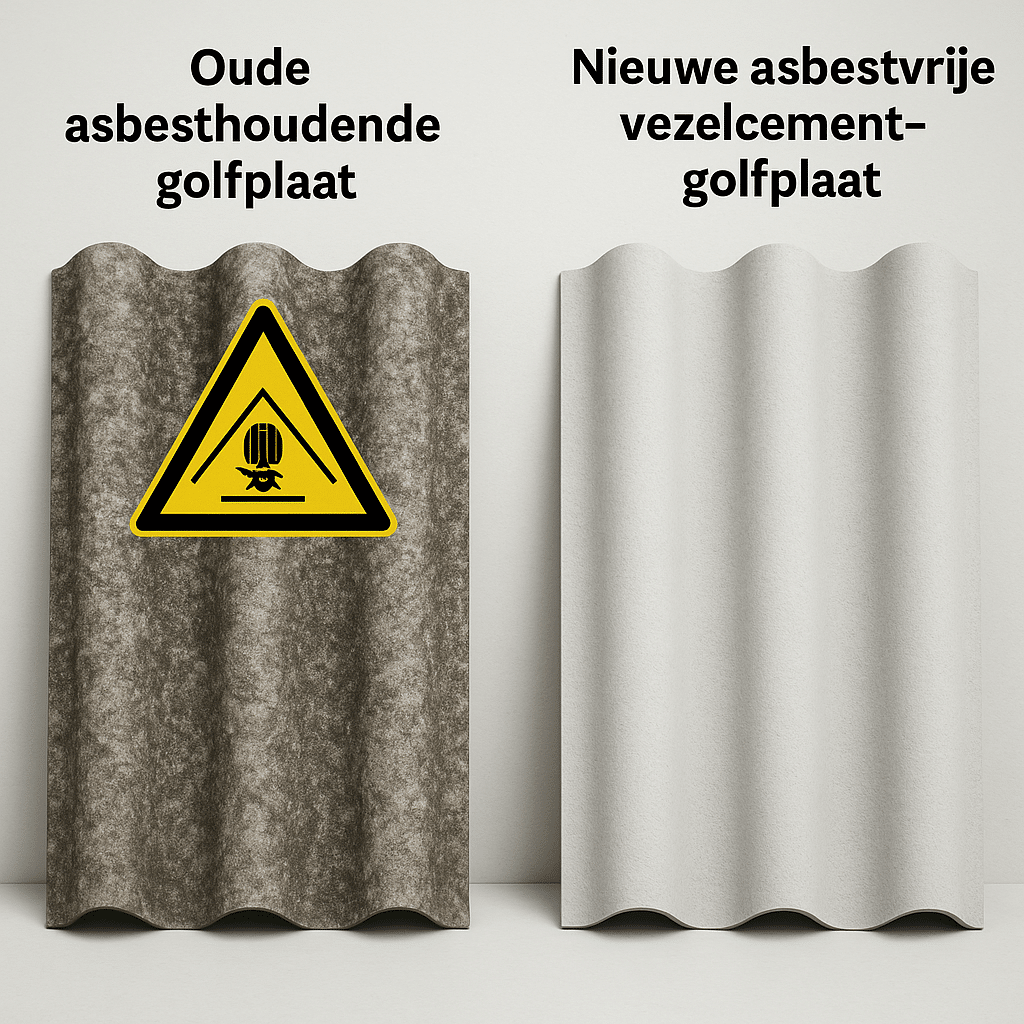 Vergelijking tussen oude asbestplaat en nieuwe vezelcementplaat om het verschil te illustreren