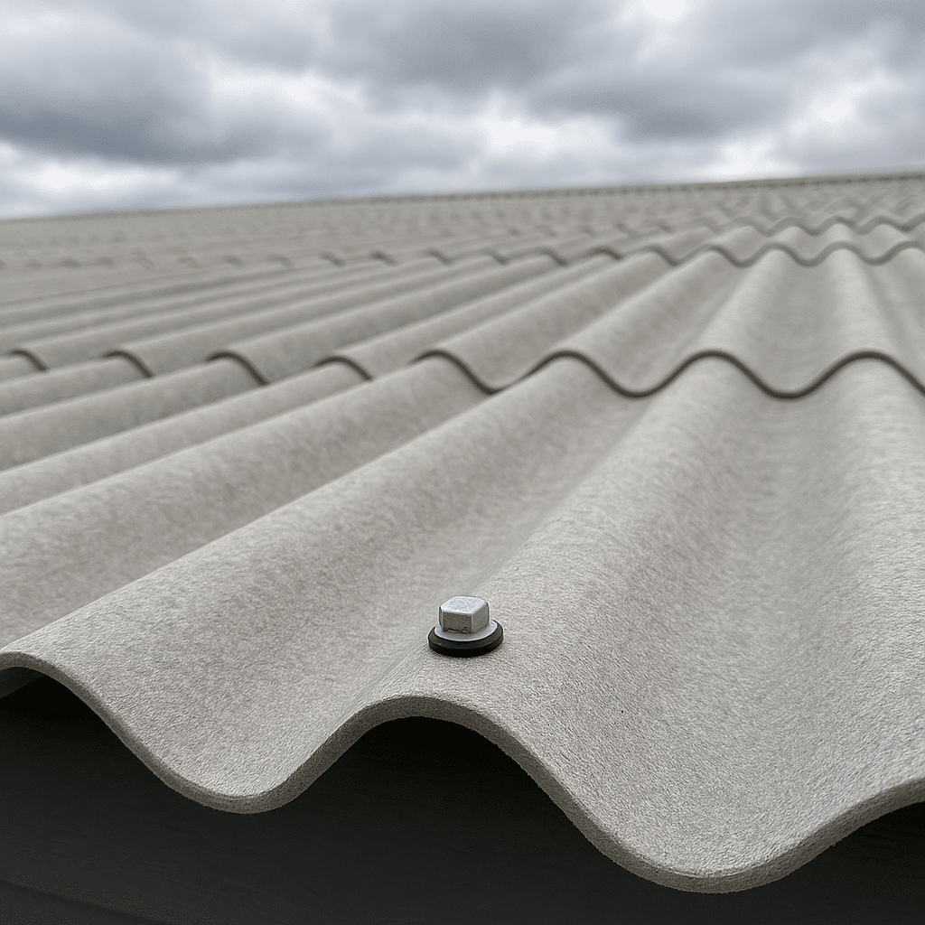 Golfplaten van vezelcement op stal dak met zichtbare bevestiging