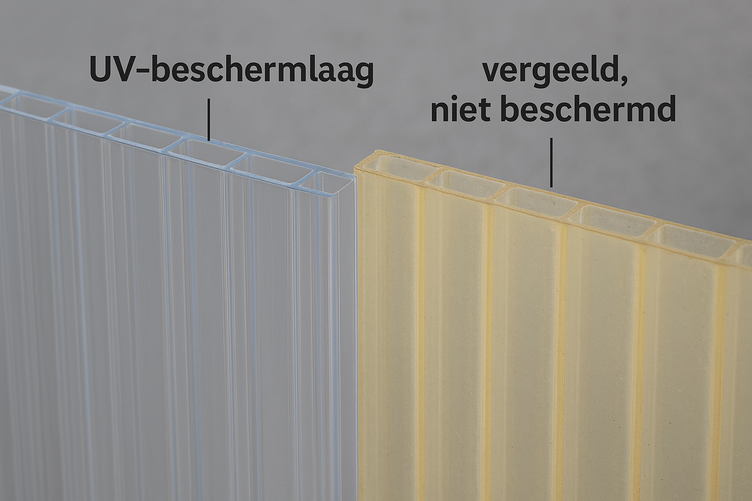 Vergelijking van oude, vergeelde lichtplaten en moderne UV-bestendige polycarbonaatplaten