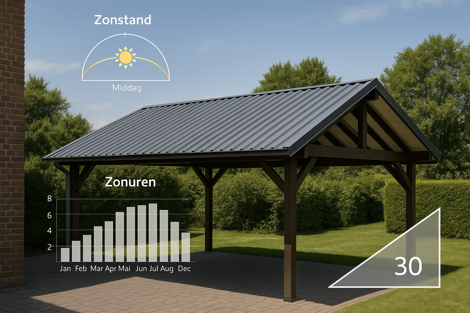 Visualisatie van een carport met trapeziumplaatdak en weergegeven dakgegevens zoals zonverloop en dakhelling
