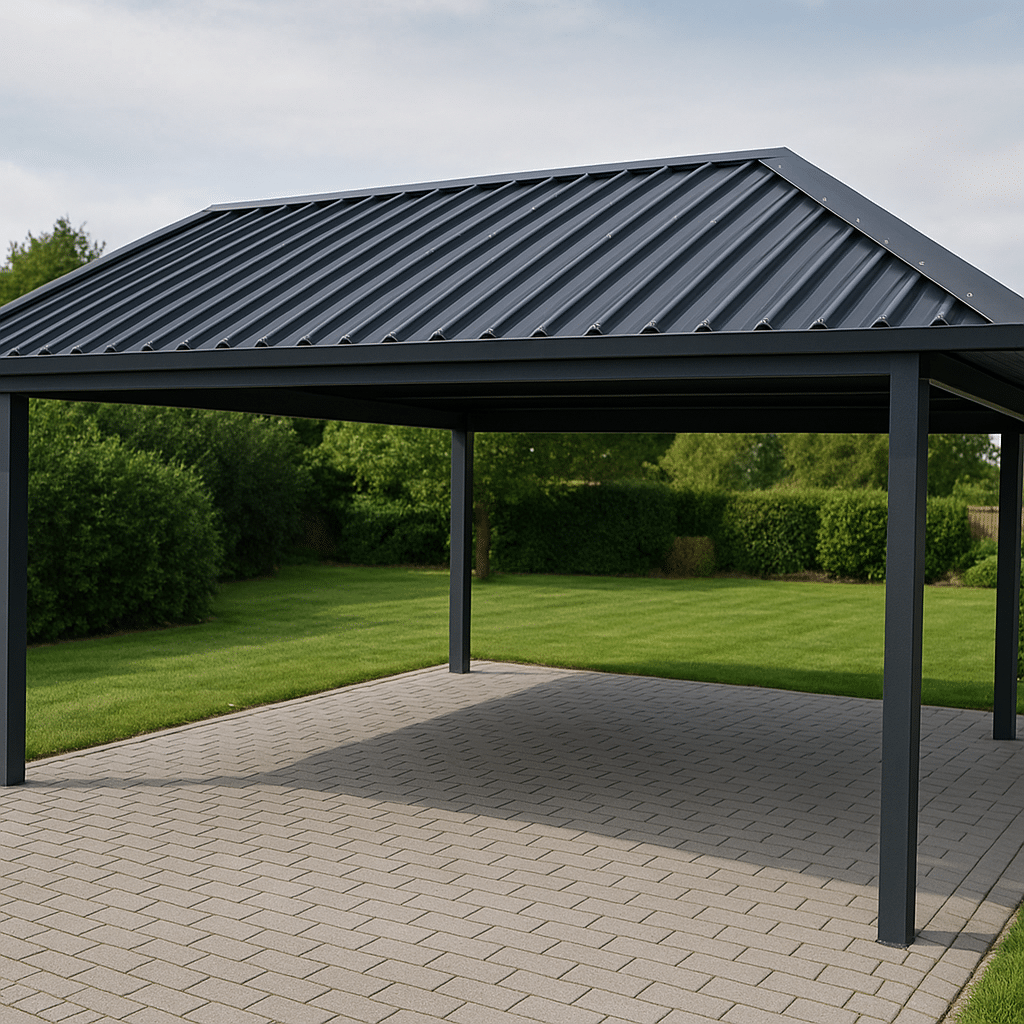 Damwandplaat in antraciet als dakbedekking van een moderne carport met een duidelijke profielstructuur