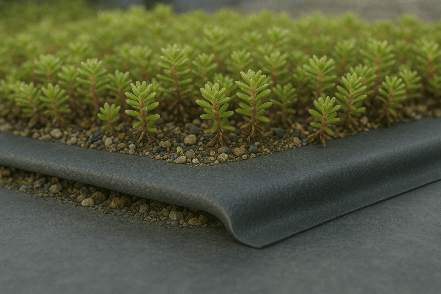 EPDM-dakfolie onder een extensief groendak met sedumbeplanting op een plat dak.