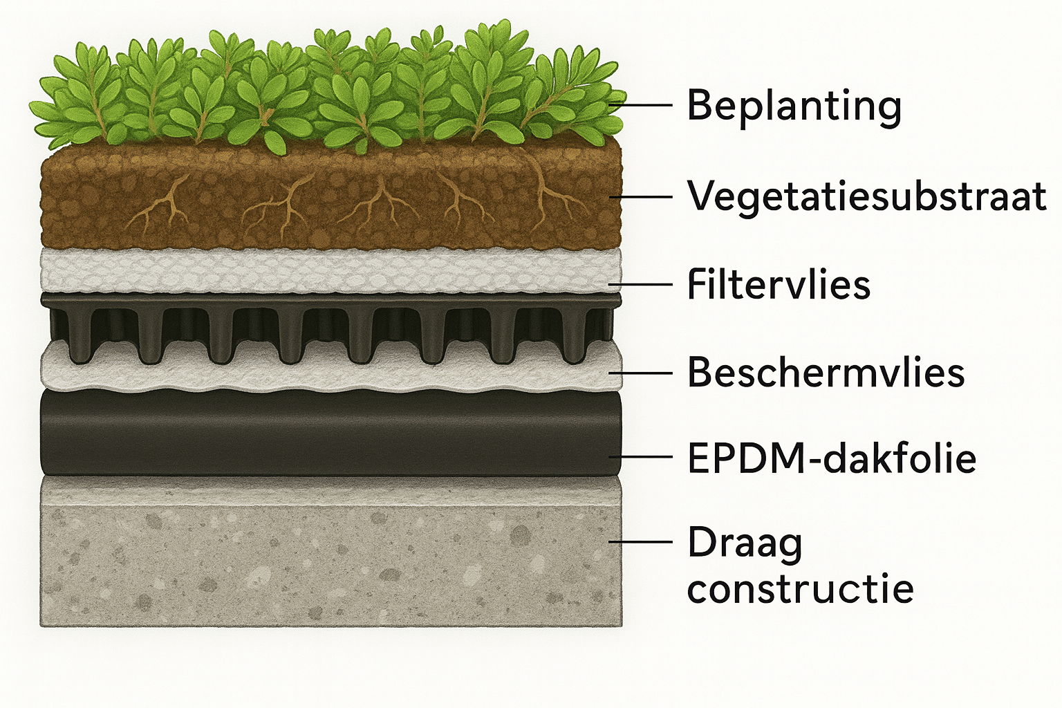 Technische dwarsdoorsnede van een groendak met EPDM-dakfolie, drainage en sedumbeplanting in realistische weergave.