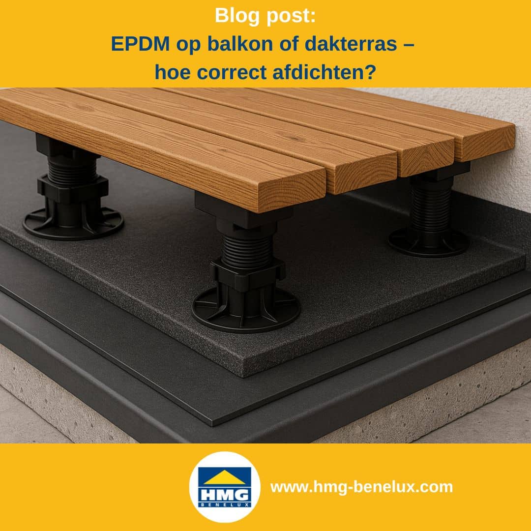 Titelafbeelding van een blogbericht met als onderwerp ‘EPDM op balkons en terrassen correct afdichten’ – te zien is een technisch dwarsdoorsnede van de EPDM-laagstructuur op een dakterras met gebruiksvloer, plus het logo en het webadres van HMG Benelux shop.