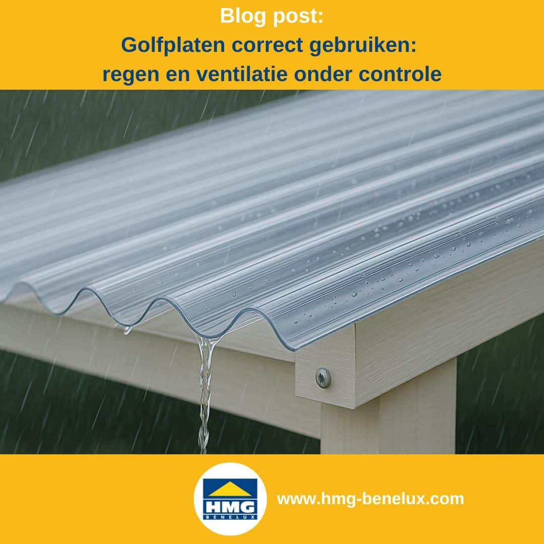 Titelafbeelding van een blogbericht met als onderwerp ‘Golfplaten bij regen en achterventilatie’ – te zien is een golfplaten dak bij regen, met daarnaast het logo en het webadres van HMG Benelux shop.