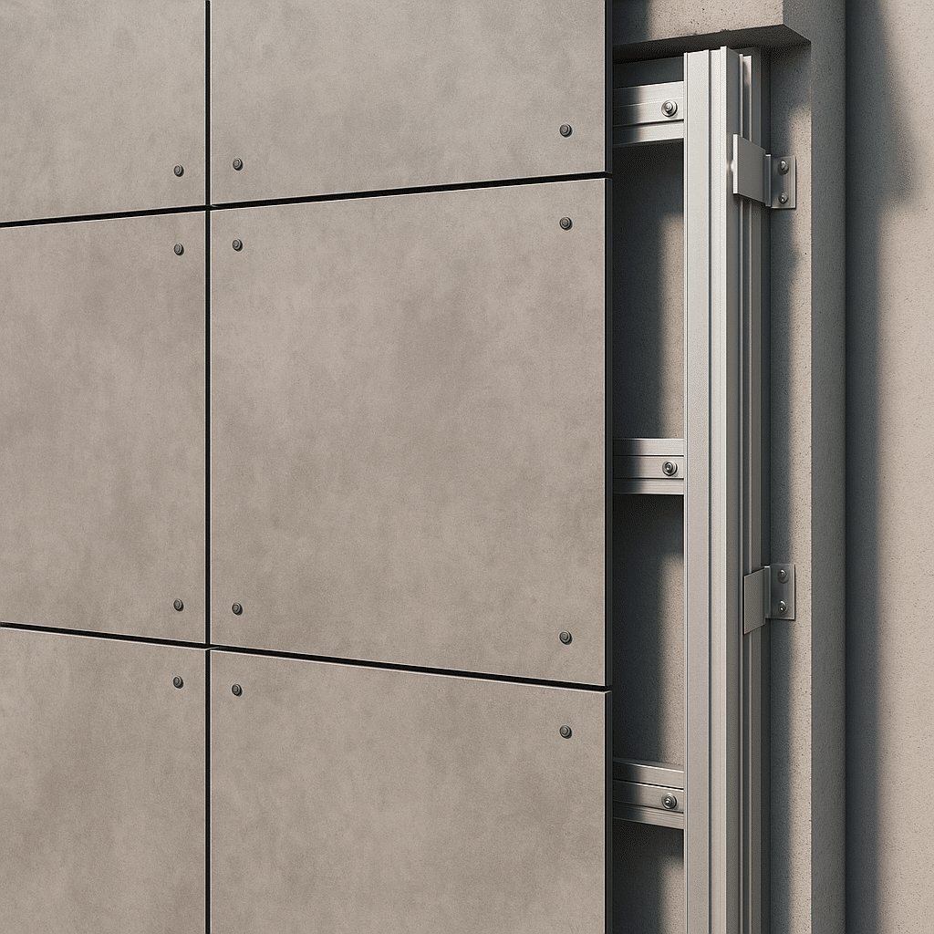 HPL-platen in betonlook gemonteerd op aluminium onderconstructie