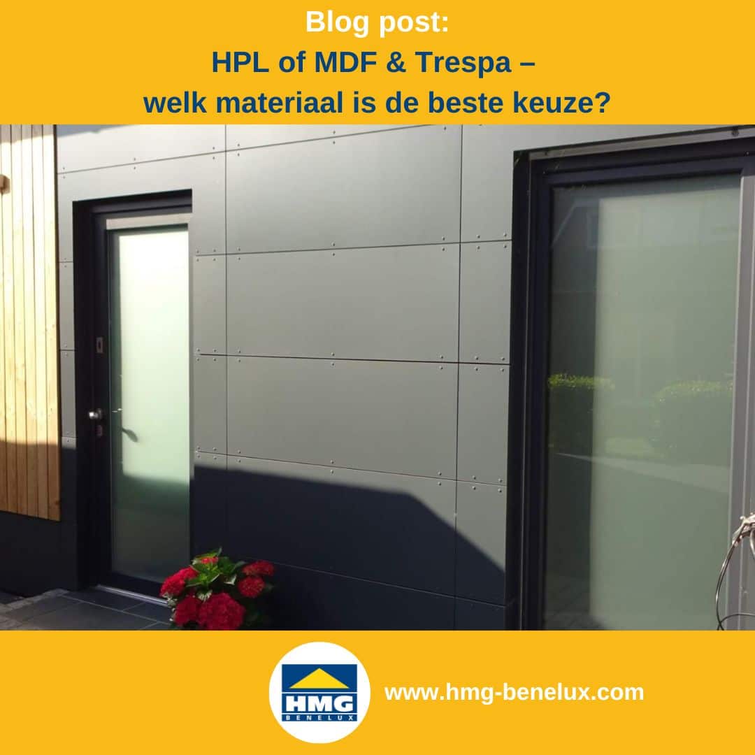 Titelafbeelding van een blogbericht met als onderwerp ‘HPL of MDF & Trespa’ – te zien is een gevel met HPL-platen, met daarnaast het logo en het webadres van HMG Benelux shop.
