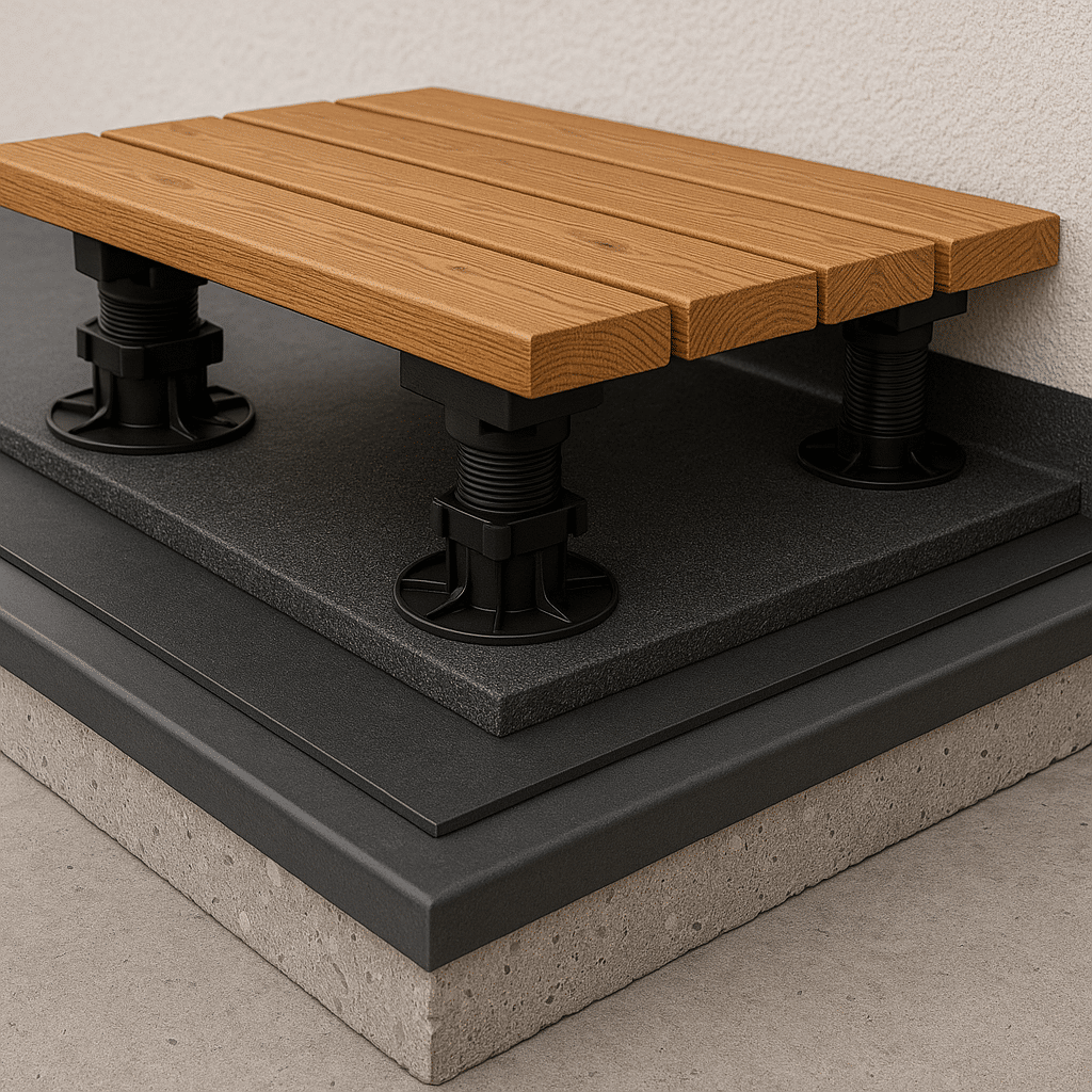 Technisch dwarsdoorsnede van de EPDM-laagconstructie op het dakterras met gebruiksvloer