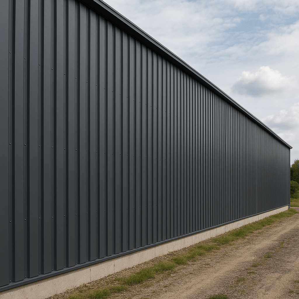 Wandbekleding van damwandplaten in antraciet voor een industriële hal, mat oppervlak en stabiele profilering