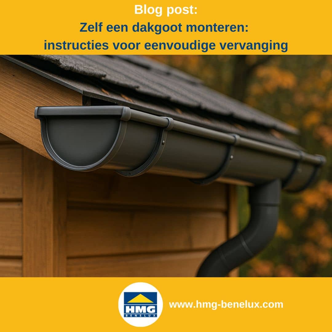 Titelafbeelding van een blogbericht met als onderwerp ‘Zelf een dakgoot monteren’ – te zien is een donkergrijze dakgoot die aan een tuinhuisje is gemonteerd, met daarnaast het logo en het webadres van HMG Benelux shop.