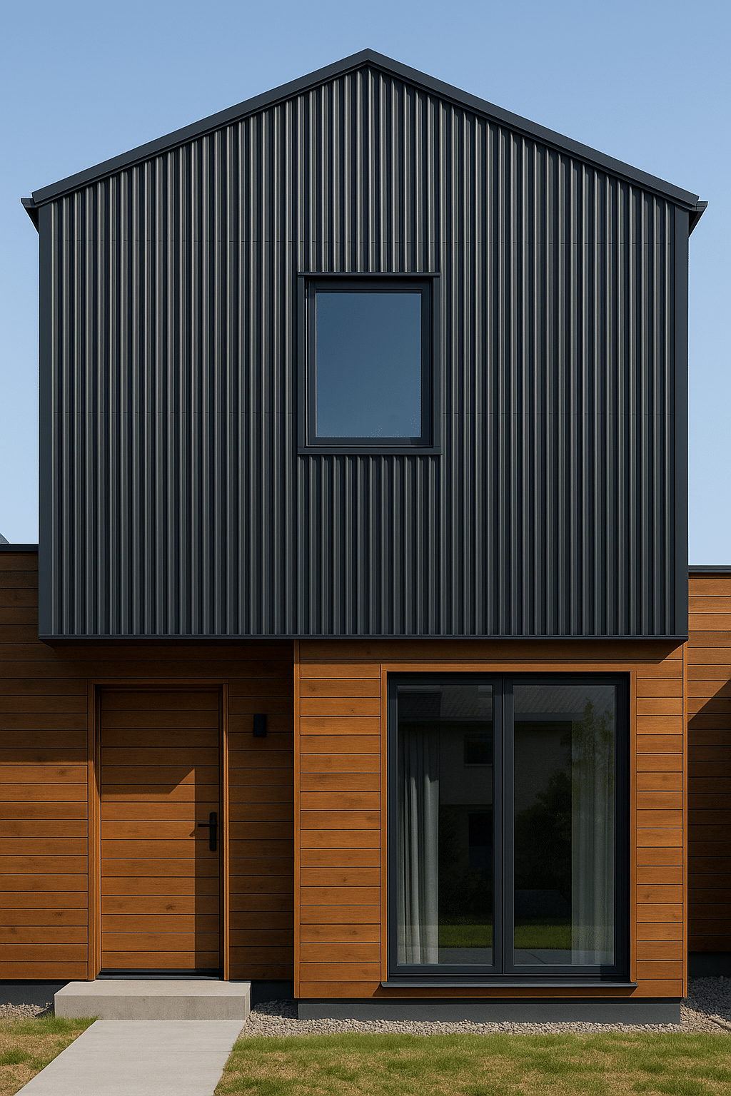 Architectenhuis met verticaal gemonteerde golfplaten in het bovenste gedeelte, gecombineerd met houten elementen