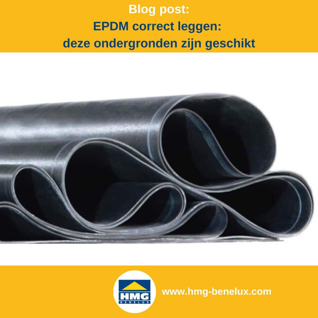 Titelafbeelding van een blogbericht met als onderwerp ‘Geschikte ondergronden voor EPDM’ – te zien is een gevouwen, zwarte EPDM folie, met daarnaast het logo en het webadres van HMG Benelux shop.