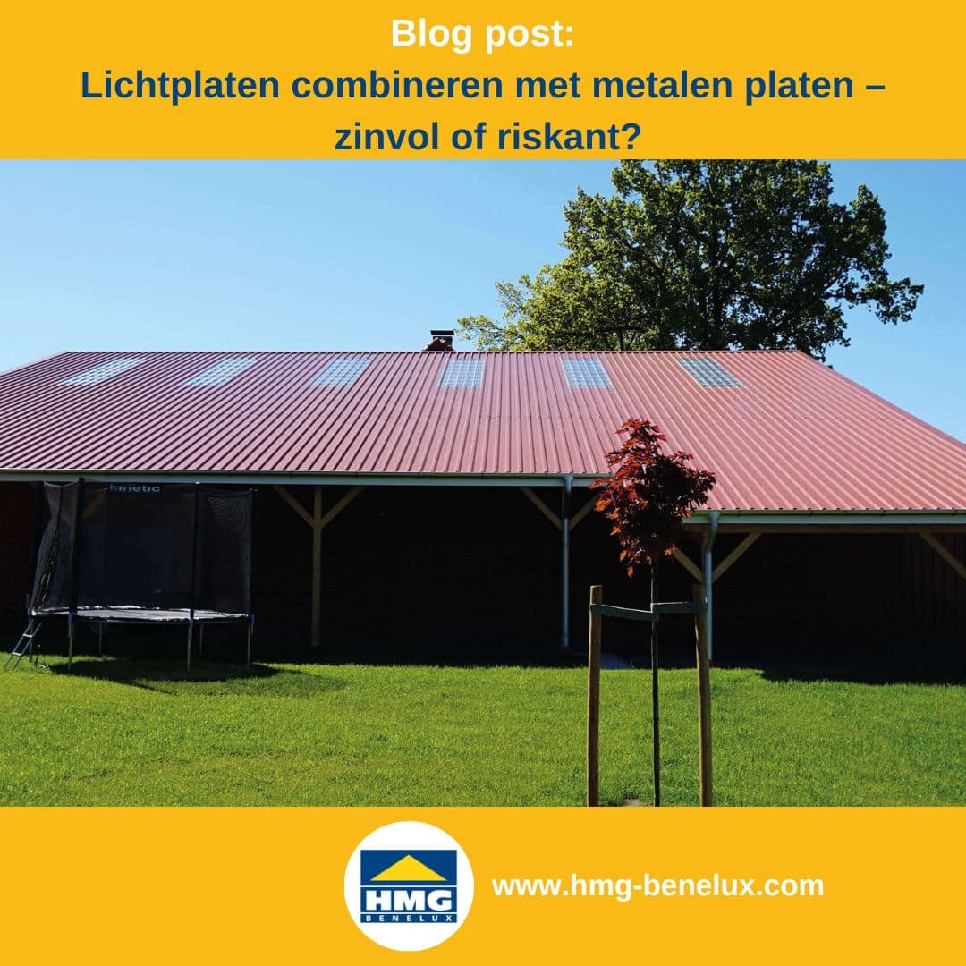 Titelafbeelding van een blogbericht met als onderwerp ‘lichtplaten en metalen platen’ – te zien is een hal met rode damwandplaten en lichtplaten, plus het logo en het webadres van hmg-benelux-shop.com.