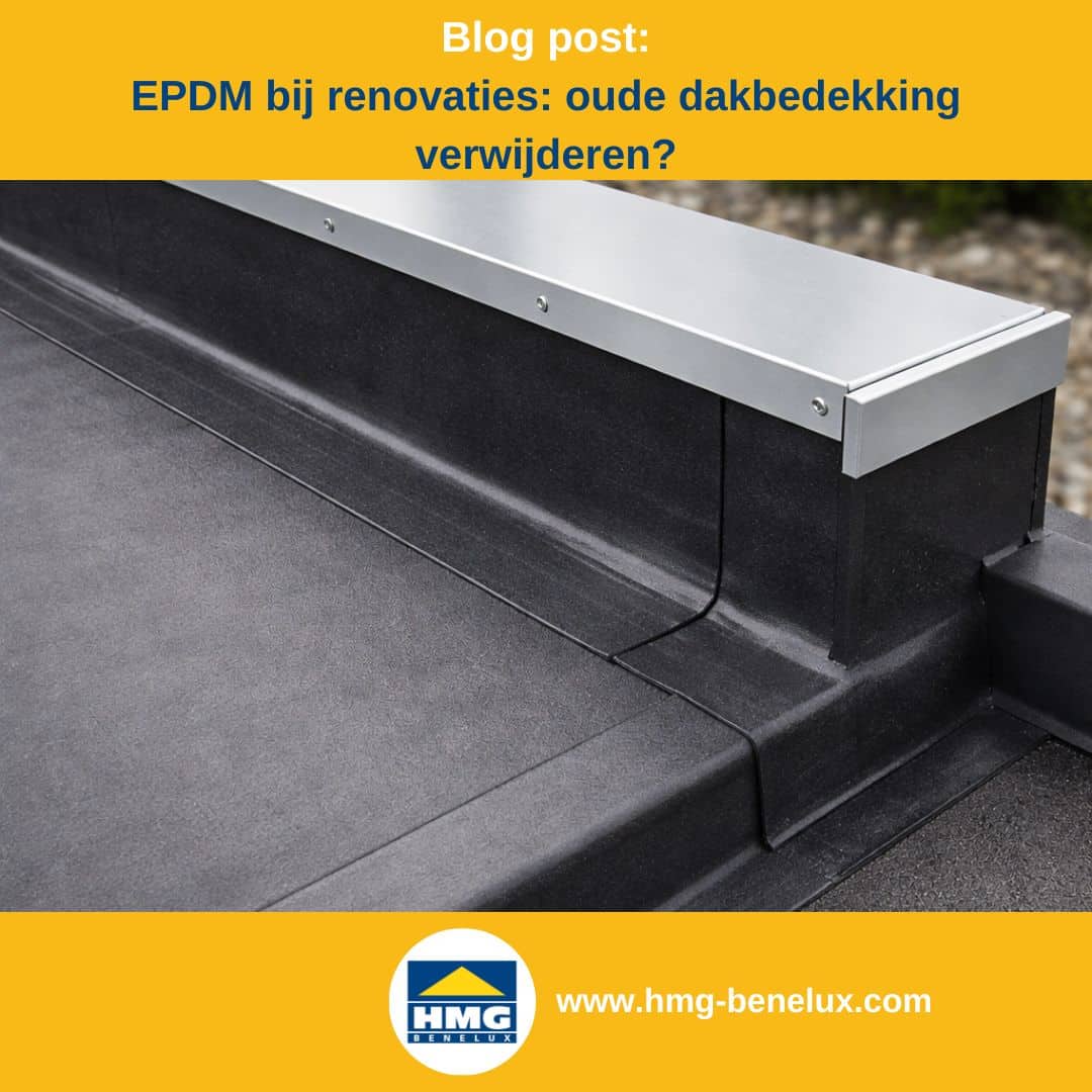 Titelafbeelding van een blogbericht met als onderwerp ‘EPDM folie renovatie’. Te zien is een gemonteerde EPDM in zwart met attiek, plus het logo en het webadres van HMG Benelux-shop.com.