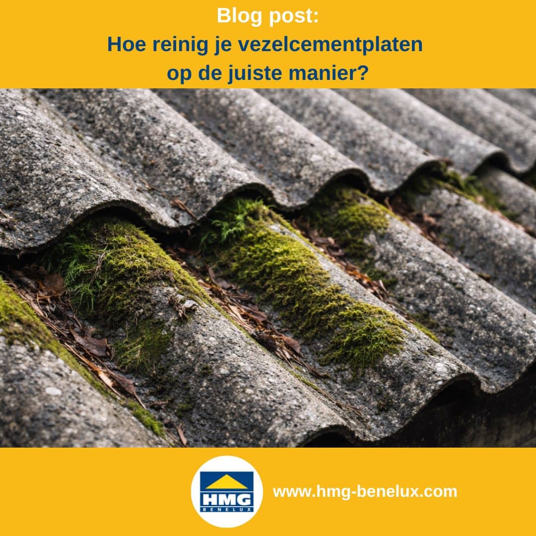 Titelafbeelding van een blogbericht met als onderwerp ‚Reiniging van vezelcement‘ – er is een dak te zien met grijze, met mos bedekte vezelcementplaten, met daarnaast het logo en het webadres van HMG Benelux-Shop.com.