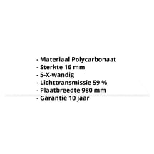 Polycarbonaat kanaalplaat | 16 mm | Breedte 980 mm | Opaal wit | Extra sterk | Warmtewerend | 2500 mm #2