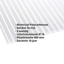 Polycarbonaat kanaalplaat | 16 mm | Breedte 980 mm | Helder | Dubbelzijdige UV-bescherming | Extra brede kanalen #2