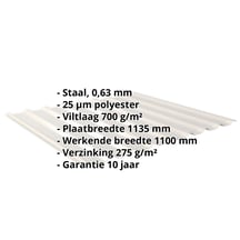 Damwandplaat 20/1100 | Dak | Anti-Drup 700 g/m² | Staal 0,63 mm | 25 µm Polyester | 9002 - Grijswit #2