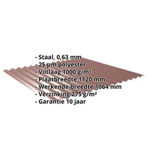 Golfplaat 18/1064 | Dak | Anti-Drup 1000 g/m² | Staal 0,63 mm | 25 µm Polyester | 8012 - Roodbruin #2