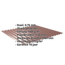 Golfplaat 18/1064 | Dak | Anti-Drup 1000 g/m² | Staal 0,75 mm | 25 µm Polyester | 8012 - Roodbruin #2