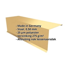 Nok lessenaarsdak | 110 x 100 x 2000 mm | 80° | Staal 0,50 mm | 25 µm Polyester | 1002 - Zandgeel #2