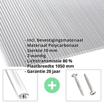 Polycarbonaat kanaalplaat | 10 mm | Profiel A4 | Voordeelpakket Plaatbreedte 1050 mm | Helder | Dubbel UV-besch. | Breedte 3,30 m | Lengte 2,00 Polycarbonaat kanaalplaat | 10 mm | Profiel A4 | Voordeelpakket | Plaatbreedte 1050 mm | Helder | Dubbel UV-besch. | Breedte 3,30 m | Lengte 2,00 #2