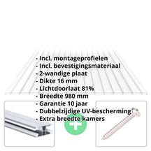 Polycarbonaat kanaalplaat | 16 mm | Profiel DUO | Voordeelpakket | Plaatbreedte 980 mm | Helder | Brede kanaal | Breedte 3,09 m | Lengte 2,00 #2