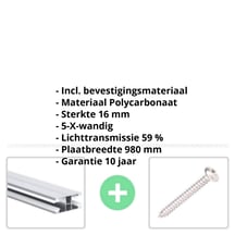 Polycarbonaat kanaalplaat | 16 mm | Profiel DUO | Voordeelpakket | Plaatbreedte 980 mm | Opaal wit | Warmtewerend | Breedte 5,11 m | Lengte 5,00 m #2