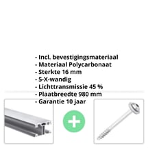 Polycarbonaat kanaalplaat | 16 mm | Profiel ECO | Voordeelpakket | Plaatbreedte 980 mm | Opaal wit | Extra sterk | Breedte 3,05 m | Lengte 2,00 m #2