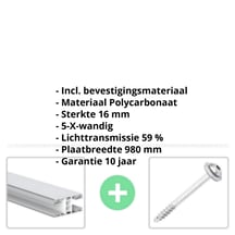 Polycarbonaat kanaalplaat | 16 mm | Profiel Mendig | Voordeelpakket | Plaatbreedte 980 mm | Opaal wit | Warmtewerend | Breedte 5,11 m | Lengte 3,50 m #2