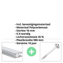 Polycarbonaat kanaalplaat | 16 mm | Profiel Mendig | Voordeelpakket | Plaatbreedte 980 mm | Opaal wit | Extra sterk | Breedte 3,09 m | Lengte 2,00 m #2