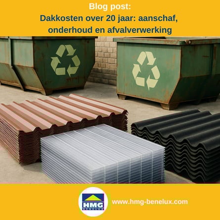Titelafbeelding van een blogbericht met als onderwerp ‘Kosten van dakbedekkingsmaterialen’ – te zien zijn stapels verschillende dakplaten, met daarnaast het logo en het webadres van HMG Benelux shop.