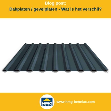 Titelafbeelding van een blogbericht met als onderwerp ‘Verschil tussen dak- en wandplaat’ – er wordt een antracietkleurige dakplaat getoond, samen met het logo en het webadres van hmg-benelux-shop.com.