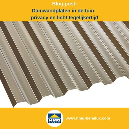 Titelafbeelding van een blogbericht met als onderwerp ‘Damwandplaten in de tuin’ – er wordt een damwandplaat in brons getoond, samen met het logo en het webadres van HMG Benelux shop.
