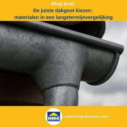 Titelafbeelding van een blogbericht met als onderwerp ‘De juiste dakgoot kiezen’ – afgebeeld is een dakgoot van titaanzink, met daarnaast het logo en het webadres van HMG Benelux shop.